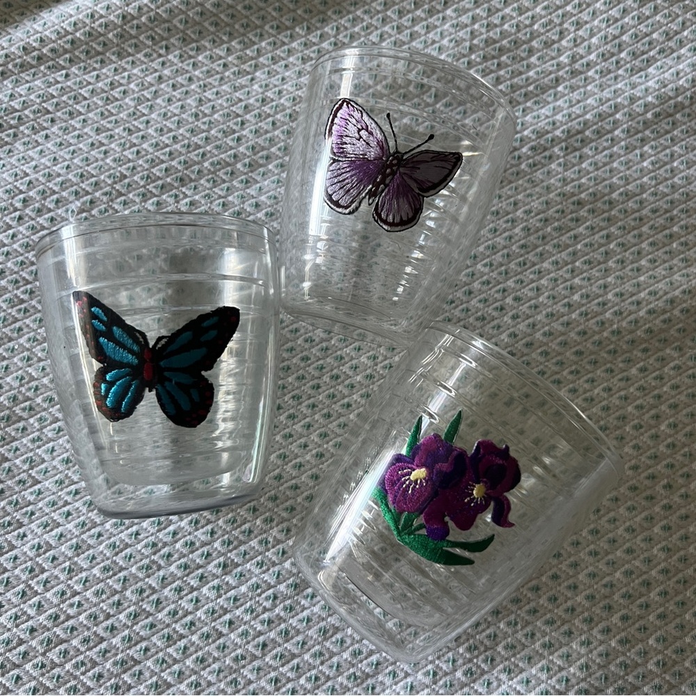 Tervis Vtg Lot 3 Butterfly Flower Set Purple 12 oz Drinking Cup Tumbler Mug
